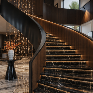 Escalier courbé en marbre noir de luxe avec éclairage LED intégré dans les marches, rampe en bois moderne pour la décoration intérieure de villas et d'hôtels - Product Image 1