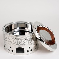 Plat à chafing de luxe en acier inoxydable avec poignée décorative en bois incrusté et couvercle martelé pour buffet de mariage et service en restaurant