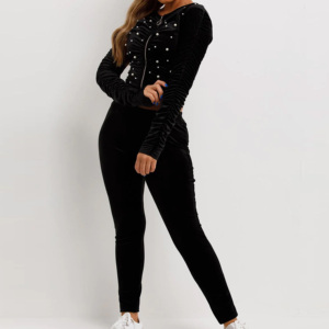 Ensemble de survêtement en velours pour femmes grandes tailles, pantalon long, fermeture éclair, col rond, manches longues, couleur unie, streetwear, vêtements d'hiver - Product Image 1