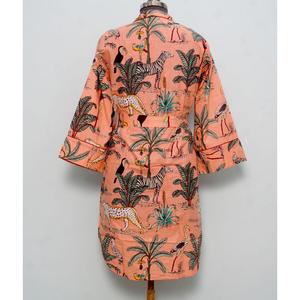 Camisa kimono de algodón hecha a mano con estampado de bloques, cuello en V, de secado rápido, manga larga, con estampado de animales/flora, para damas de honor. - Product Image 6