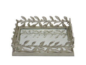 Plateau décoratif en métal à motif feuille d'argent, fait main, style vintage, avec insert miroir pour la décoration intérieure - Product Image 2