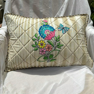 Modern Cotton Cushion Cover Hand Embroidery Floral Hand Embroidered Cotton Floral <b>Throw</b> <b>Pillow</b> - Product Image 1