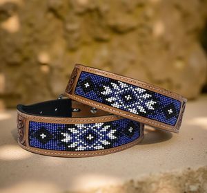 LEATHERCART Premium Blue White <b>Beaded</b> Leather Dog Collar Handmade Tribal Pattern Adjustable Durable Pet Collar - Product Image 1