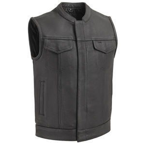 Gilet Homme en Cuir de Vachette Platine Noir et Toile, Style Vintage, Col Rond, Boutons Cachés, Poches Discrètes, Simple - Product Image 1