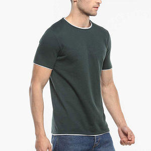 Men's Dark Green O-Neck Short Sleeve T-<b>Shirt</b> Slim Fit Knitted Cotton Casual Solid Color Contrast Trim Regular Length - Product Image 2