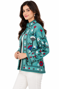 Chaqueta Bomber de Algodón con Flores Tejidas a Mano, Manga Larga, Cuello Alto, Bordado Kashmirí, Impermeable, Ecológica, para Mujer - Product Image 4