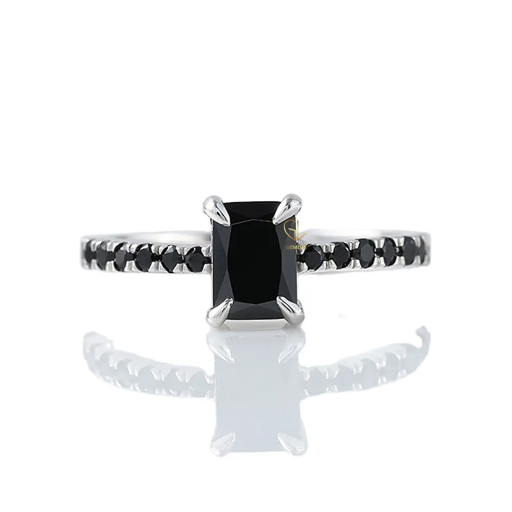 Impresionante 1,5 CT corte esmeralda negro moissanite diamante solitario con acentos anillo de compromiso 14K anillo de bodas de oro blanco