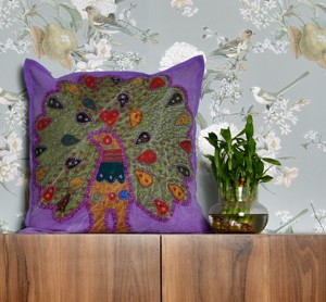 Beautiful Classic Cut Square Cushion <b>Cover</b> With Peacock Applique Embroidery Work Purple <b>Green</b> <b>Covers</b> Multicolor Home Decor - Product Image 4
