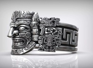 Bague Masque Aztèque de Luxe en Argent Sterling 925, Visage de Guerrier Tribal Ancien, Large Bande, Bijou Tendance pour Hommes et Femmes - Product Image 4