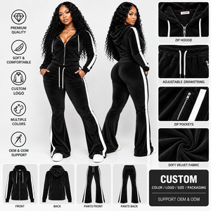 Conjunto de chándal de terciopelo marrón para mujer, sudadera con capucha y cremallera y pantalones acampanados, 2 piezas, chándales de terciopelo, logotipo personalizado, venta al por mayor - Product Image 3