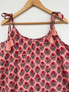 Women Peach Floral Cotton Maxi A-Line Vintage Sundress Tie Shoulder Short Sleeve <b>Ruffle</b> Hem Boutique Wholesale - Product Image 3