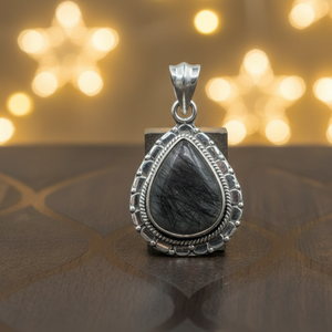 Pendentif goutte d'eau en quartz rutilé noir naturel, argent sterling 925, serti à la main, design unique, cadeau de bijoux pour femme - Product Image 4