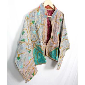 Vintage Quilted <b>Kantha</b> <b>Jackets</b> 100% Cotton Eco-Friendly Reversible Quick Dry Mandarin Collar Customizable Open Closure Detail - Product Image 4