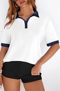 Camiseta Polo Blanca para Mujer con Contraste Azul Marino, Manga Corta, Casual, Largo Regular, Color Sólido, Transpirable, Tela Oxford, ODM - Product Image 3
