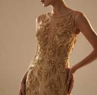 Robe de soirée sirène personnalisée, écologique, à sequins dorés, sans manches, longueur ras du sol, avec traîne, pour femme