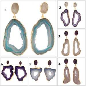 Boucles d'oreilles pendantes en forme de géode et d'améthyste véritable, plaqué or, duzy, double pierre, boucles d'oreilles classiques, bijoux de mariage - Product Image 2