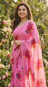 Sari en Georgette Douce pour Femme avec Imprimé Numérique et Bordure en Dentelle Perlée, Séchage Rapide et Extensible, Tenue Décontractée - Product Image 5