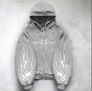 Sudadera con Capucha Oversize de Algodón 100% con Cremallera, Estampado DTG y Bordado, Textura Oscura, Estilo Urbano Popular - Product Image 4