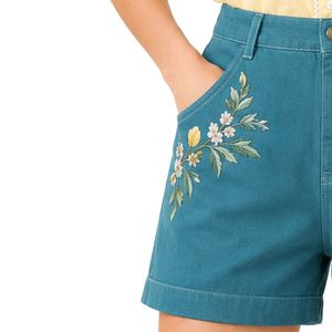 Custom Teal Blue Floral Embroidered <b>Women</b> High Waist <b>Denim</b> <b>Shorts</b> Casual Summer Cotton <b>Stretch</b> Jean <b>Shorts</b> Custom Logo Apparel - Product Image 3