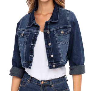 Women Dark Blue Wash <b>Cropped</b> <b>Denim</b> <b>Jacket</b> Button Front Long Sleeve Slim Fit Casual Jean Outerwear Fashion Coat - Product Image 1