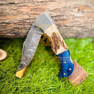 Custom Handmade Damascus Hunting <b>Knife</b> with Blue Wood & Stag <b>Bone</b> <b>Handle</b> | Fixed Blade Outdoor Camping Survival <b>Knife</b> - Product Image 3
