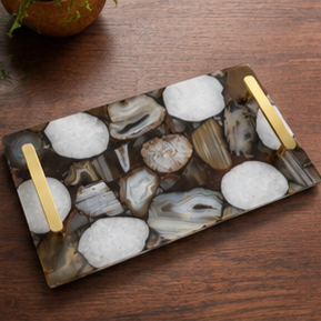 Rectangular Stone <b>Storage</b> Tray With Gold Handles Modern Design Living Room <b>Tabletop</b> Accessory - Product Image 5