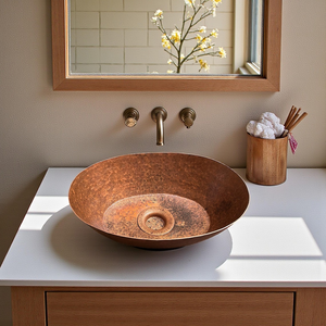<b>Rustic</b> Copper Vessel <b>Vanity</b> Sink Oval Hammered <b>Bathroom</b> Basin Handmade Copper Wash Basin For Home Hotel <b>Bathroom</b> - Product Image 4