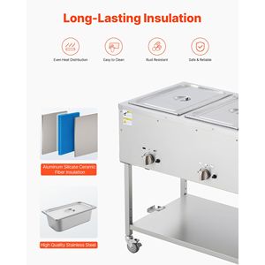 Tavolo a vapore professionale a 4 vasche in acciaio inossidabile con scaldaspezie per esterni a gas GPL e valvola di scarico, ruote da 3 pollici - Product Image 5