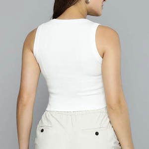 Women's White Knitted Scoop Neck Tank <b>Top</b> Solid Color Casual Crop <b>Top</b> Breathable Front Logo Design - Product Image 6