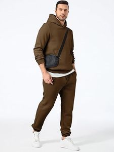 Unisex Brown Hooded <b>Tracksuit</b> Set Solid Color Cotton Full Length Casual Wear With Side Pockets Drawstring Closure Autumn Style - Product Image 6
