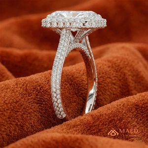 Anillo de Compromiso y Boda de Plata de Ley 925 con Moissanita Cultivada en Laboratorio, Corte Radiante, Halo, Joyería Nupcial de Lujo, Regalo para Mujer, Estilo Gujarati - Product Image 4