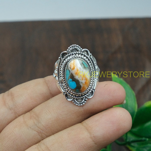 Anillo de Plata de Ley 925 con Gema de Turquesa y Ostra Espinosa Naranja, Diseño Hecho a Mano, Anillo de Declaración, Anillo de Promesa, Joyería - Product Image 5