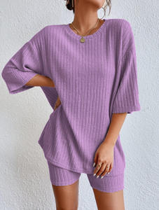 Casual Women's Two Piece <b>Set</b> Short Sleeve O-Neck Top Solid Color Custom Logo <b>Sexy</b> Shorts <b>Set</b> Spandex/Cotton Knitting Breathable - Product Image 3