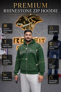 Sudadera con capucha extragrande verde estilo francés para hombre, con cremallera, estampado de diamantes de imitación, mezcla de algodón, estilo urbano, estilo otoñal - Product Image 3