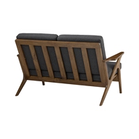 Canapé deux places moderne de style Mid-Century avec accoudoirs en Z, structure en bois sculpturale, accoudoirs robustes, tissu rembourré confortable, dossier en mousse souple