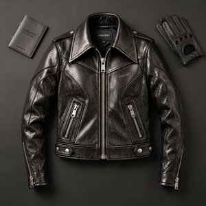 Chaqueta de cuero negra para hombre con cuello vuelto y cremallera, estilo motero de carreras, chaqueta de cuero personalizada para motociclistas, fabricación al por mayor - Product Image 4