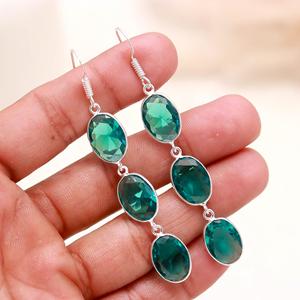 Natural <b>Green</b> Kyanite Gemstone 925 Sterling Silver Dangle <b>Earrings</b>, Oval Faceted Triple Stone Drop <b>Earrings</b>, Handmade Jewelry fo - Product Image 2