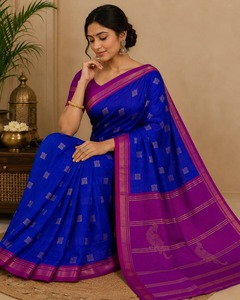 Sari en soie pure bleu royal avec bordure contrastée violette, motif paon, tissé à la main, vêtement traditionnel indien pour les fêtes et les mariages - Product Image 2