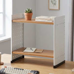 Étagère à livres minimaliste noire à double niveau en métal, réglable en hauteur, de type sur pied, pour le rangement dans le salon ou sur le bureau - Product Image 2