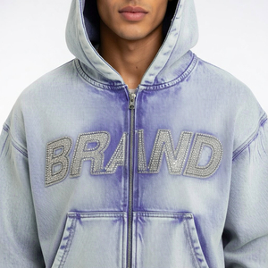 Ensemble de survêtement unisexe personnalisé délavé à l'acide, violet et gris, avec sweat à capuche zippé, pantalon de survêtement évasé, lettres en strass, en molleton bouclette, style streetwear tendance - Product Image 6