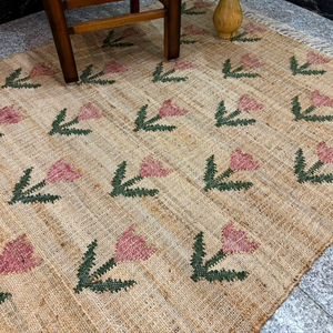 Handmade Jute Kilim <b>Rug</b> with Floral Pattern | Natural Fiber Low Pile Thin <b>Boho</b> Area <b>Rug</b> | Eco-Friendly Rustic Home Decor - Product Image 4