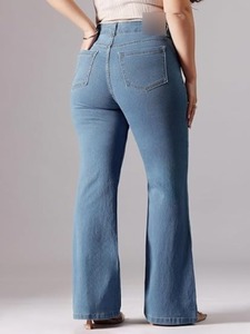 Sexy Mid-Waist Wide-Leg <b>Boot</b> Cut Knee Length Women's Jeans Stretch Denim - Product Image 2