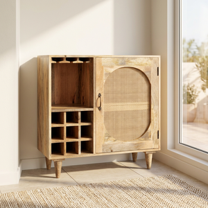 Midcentury Modern Wood <b>Bar</b> <b>Cabinet</b> with Rattan Door Panel Tapered Legs Mango Wood Home <b>Bar</b> Storage Unit - Product Image 4