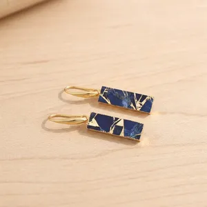 Boucles d'oreilles pendantes rectangulaires en turquoise cuivrée Mohave bleue, plaquées or 18 carats, faites à la main, bijoux géométriques en gros pour femmes - Product Image 2