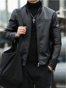 <b>Men's</b> Casual Black Cow Skin <b>Leather</b> Bomber <b>Jacket</b> Stand Collar Zipper Closure Slim Fit Regular Sleeve Solid Color Winter Custom - Product Image 3