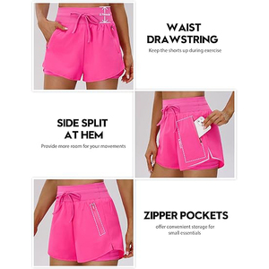 Hot <b>Pink</b> Women Gym <b>Shorts</b> High Waist Polyester Running <b>Shorts</b> With Zipper Pockets Breathable Sports <b>Shorts</b> For Workout - Product Image 3