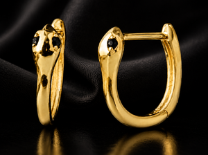 Pendientes de Aro de Plata 925 con Cabeza de Serpiente Chapada en Oro, Adorno de Piedra Negra, Joyería Metálica para Mujer - Product Image 2
