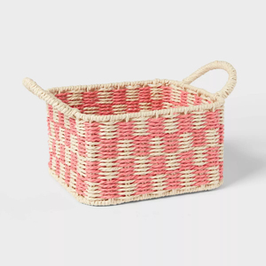 Handmade <b>Paper</b> Kids Basket Rectangle Pink Weave <b>Storage</b> Bin With Handles Sustainable Nursery Organizer Wholesale Bulk Supplier - Product Image 1