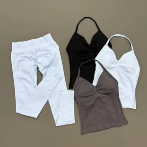 Women Yoga Set 2PCS Seamless Yoga Set Halter Crop <b>Top</b> High Waist Leggings Women Gym Fitness <b>Peach</b> Butt Lifting Matching Set - Product Image 4