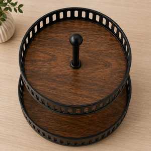 Support à gâteau rond à deux niveaux en acier inoxydable avec base en bois écologique, plateau de service pour la cuisine - Product Image 5